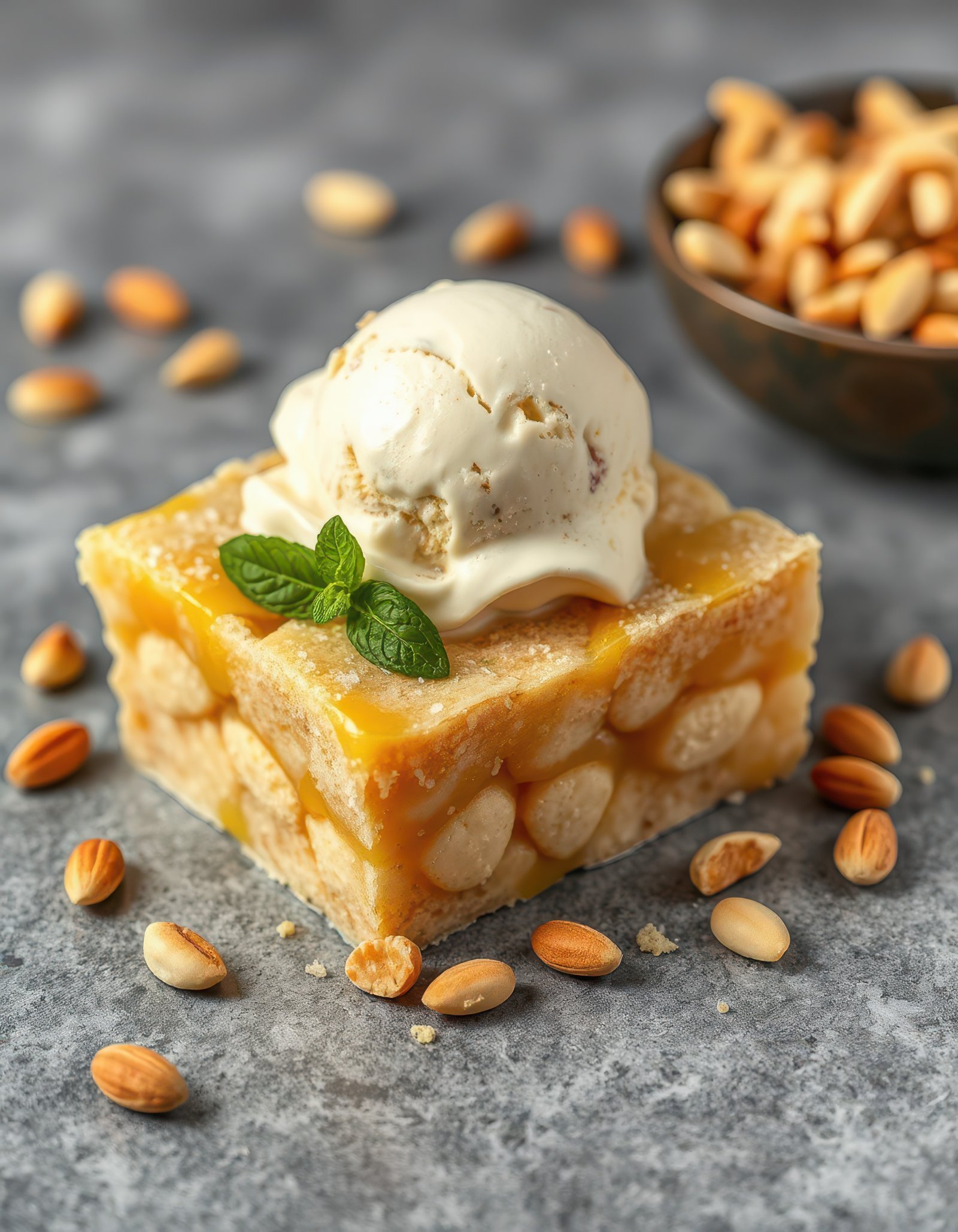 Delicious dessert with ice cream and crushed peanuts served on a gray stone background